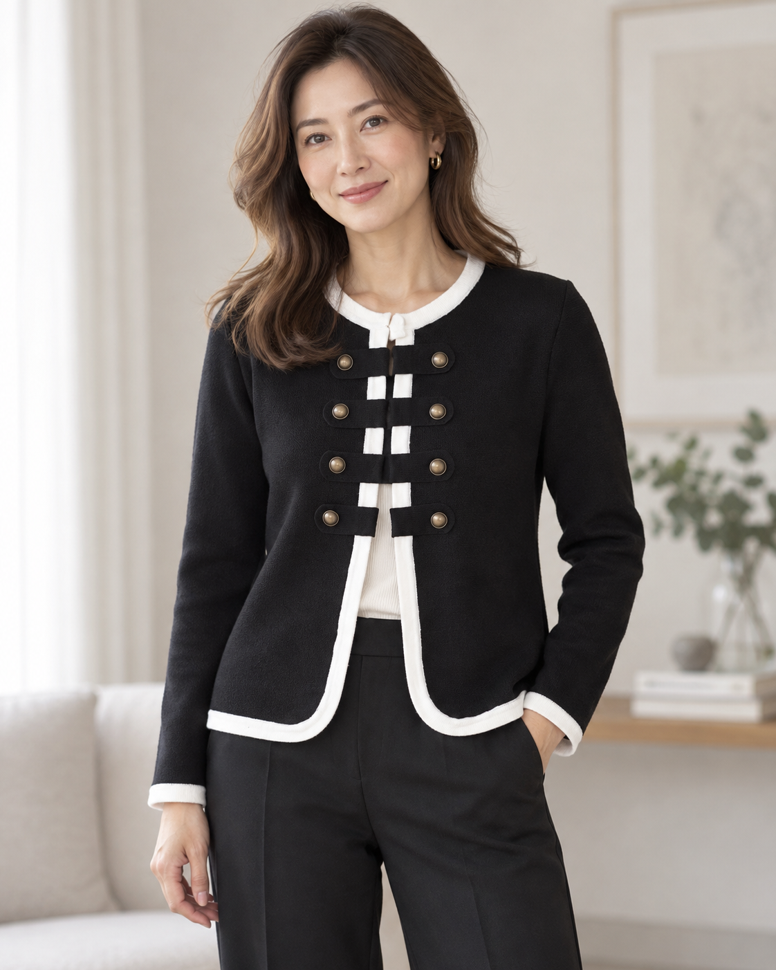 Elegante Strickjacke mit Kontrastdetails und Hakenverschluss | Gr. 38