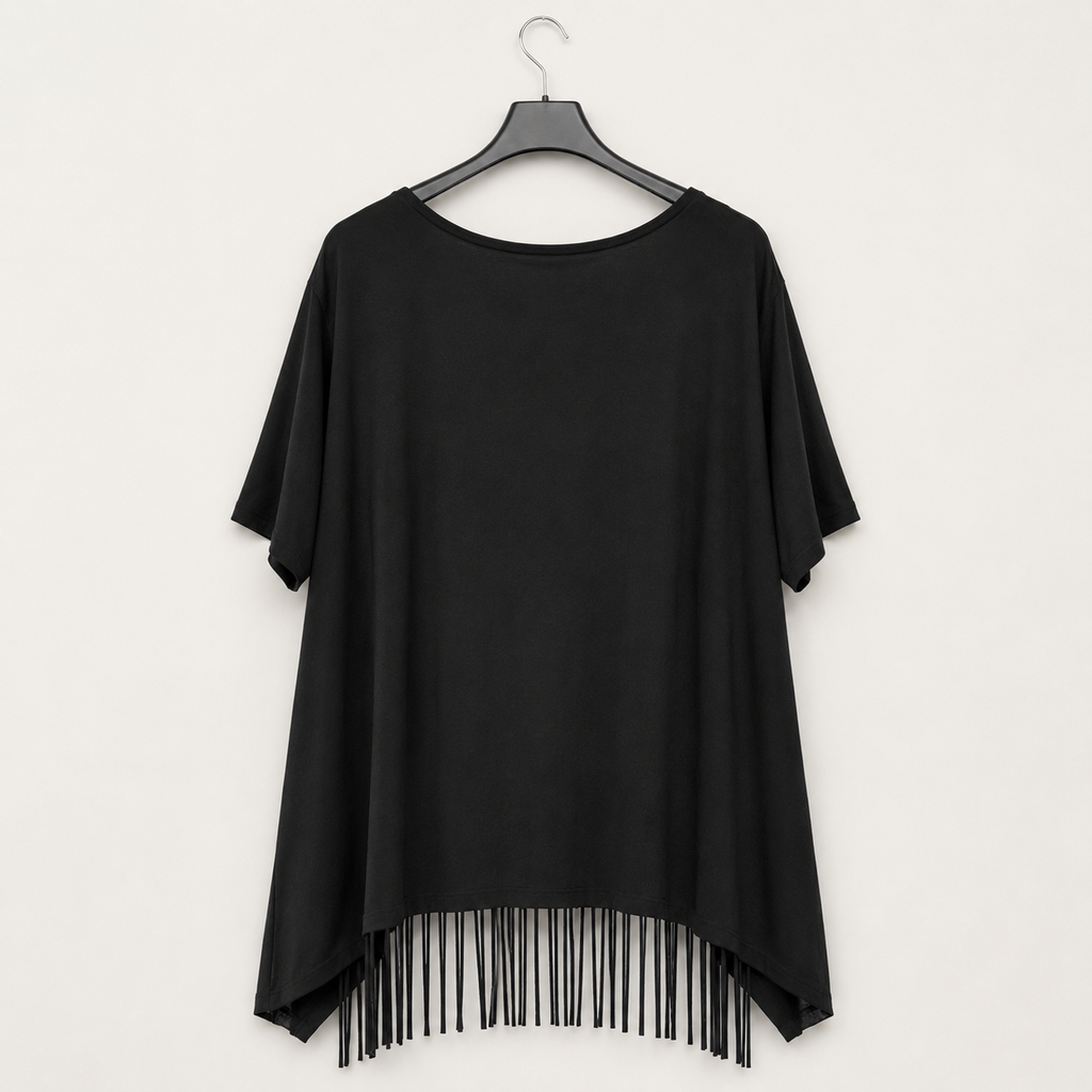 Schwarzes Shirt mit Stern-Applikation und Fransen Gr. 40-50