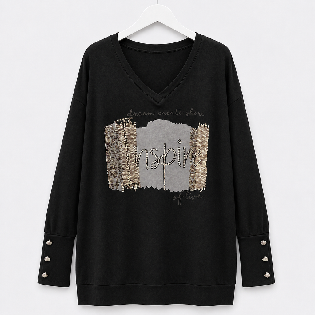 Curvy Longshirt | Schwarz mit mit Strassprint und Schmukmanschetten | Gr. 44-50