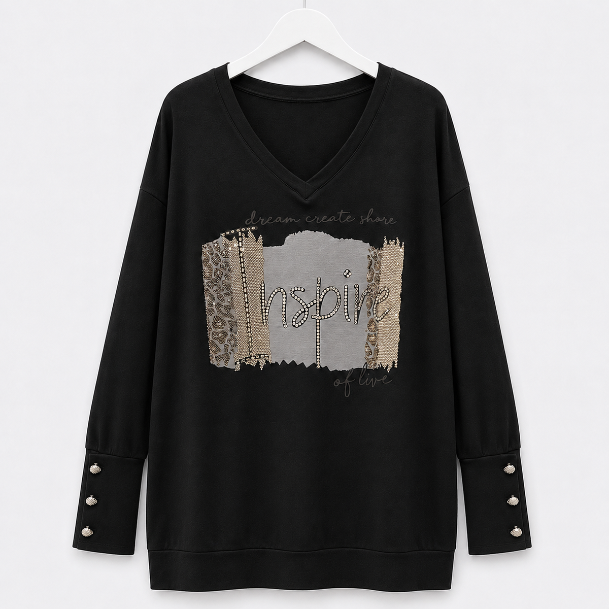 Curvy Longshirt | Schwarz mit mit Strassprint und Schmukmanschetten | Gr. 44-50