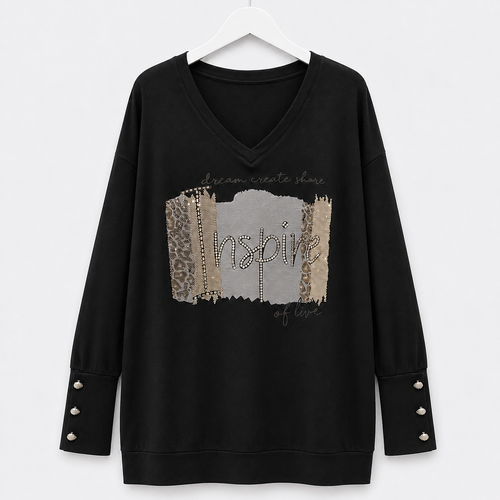 Curvy Longshirt | Schwarz mit mit Strassprint und Schmukmanschetten | Gr. 44-50
