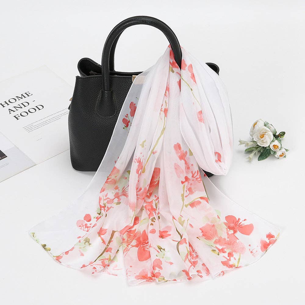 Leichter Chiffon-Schal mit floralem Muster | Rosa-Weiß |  150 cm