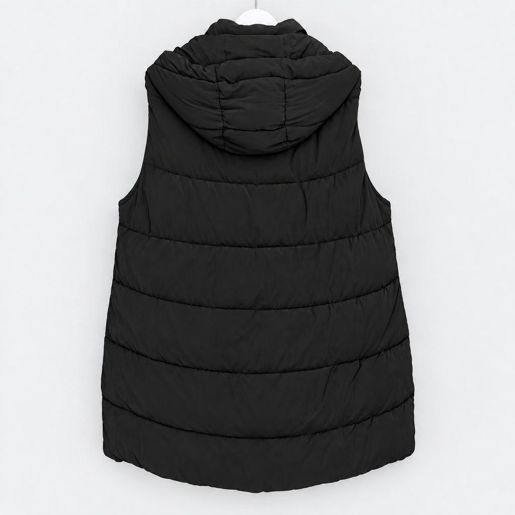 Lange Steppweste in Schwarz mit Kapuze | Gr. L und XL