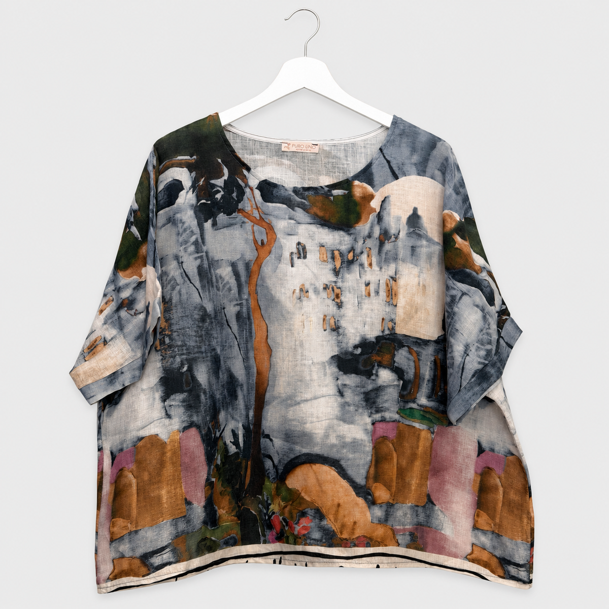 Italienische Leinenbluse mit mediterranem Kunstdruck  | Gr. 40-46