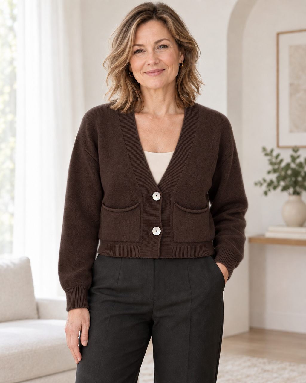 Kurze Jacke mit Perlmuttknöpfen und Taschen | Gr. 38-42 | Braun und Beige