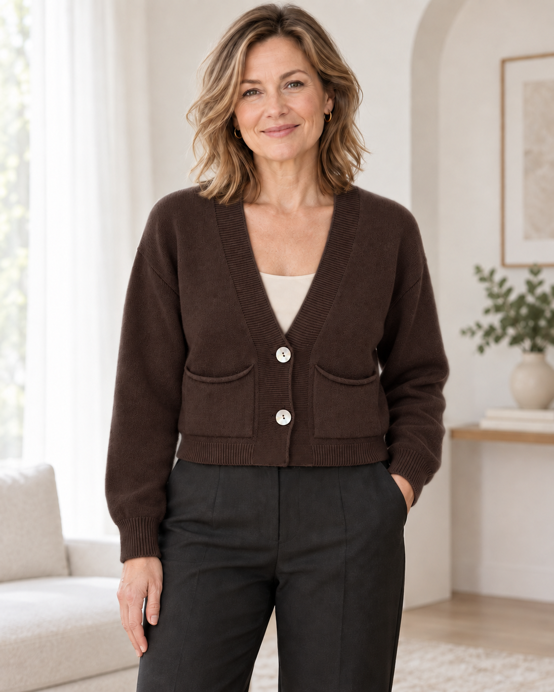 Kurze Jacke mit Perlmuttknöpfen und Taschen | Gr. 38-42 | Braun und Beige