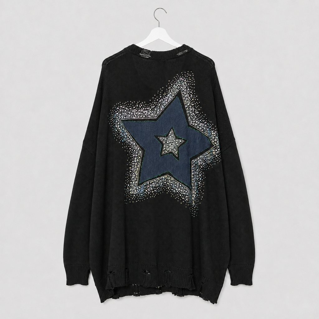 Schwarzer Oversize-Pullover mit Jeans-Patchwork und Glitzer-Details