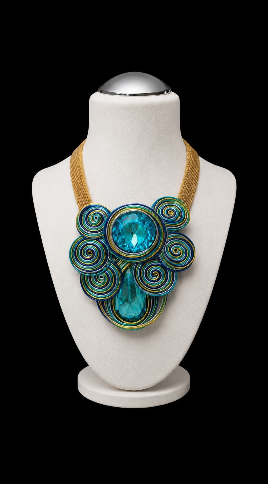 Blaue, mit Draht umwickelte, tropfenförmige Kristall-Bib-Halskette: Color: Blue / Plating: Gold / Size: 18 + 3 inches