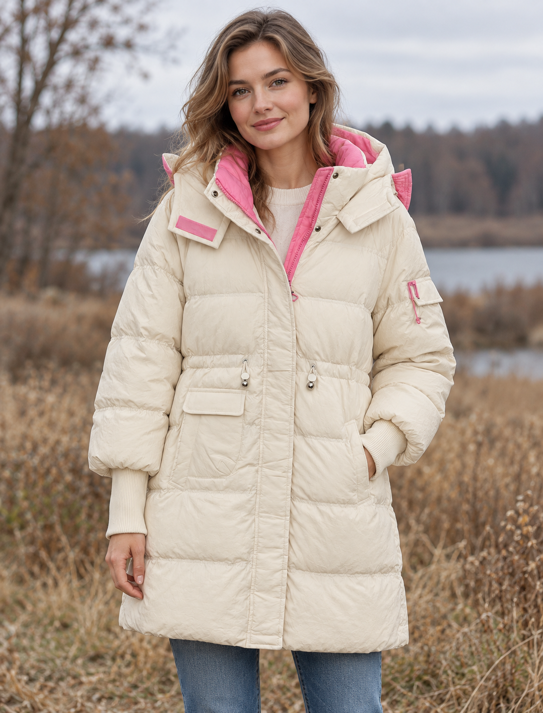 Weiße leichte Steppjacke mit pinkfarbenen Details