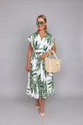V Milano Italy | Blusenkleid mit Taschen und Gürtel | Grün-Weißes Tropical-Design | Größe L
