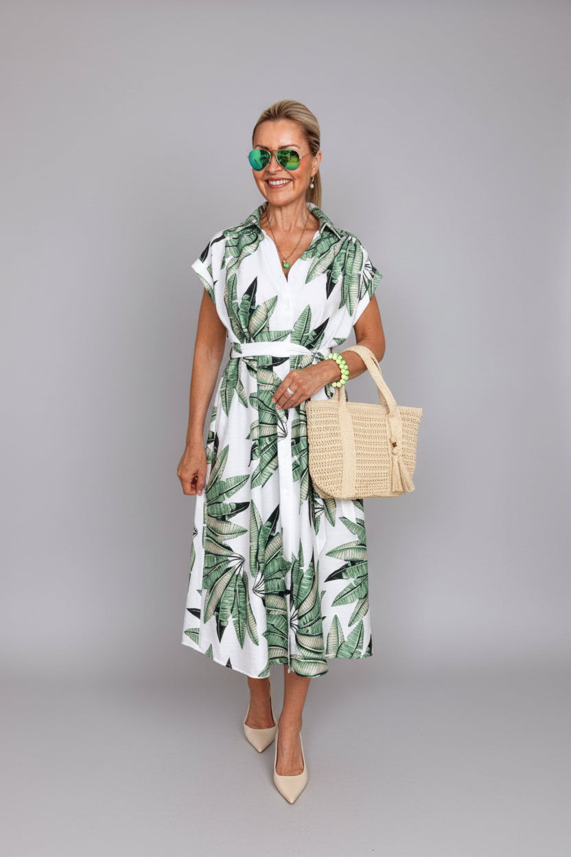 V Milano Italy | Blusenkleid mit Taschen und Gürtel | Grün-Weißes Tropical-Design | Größe L