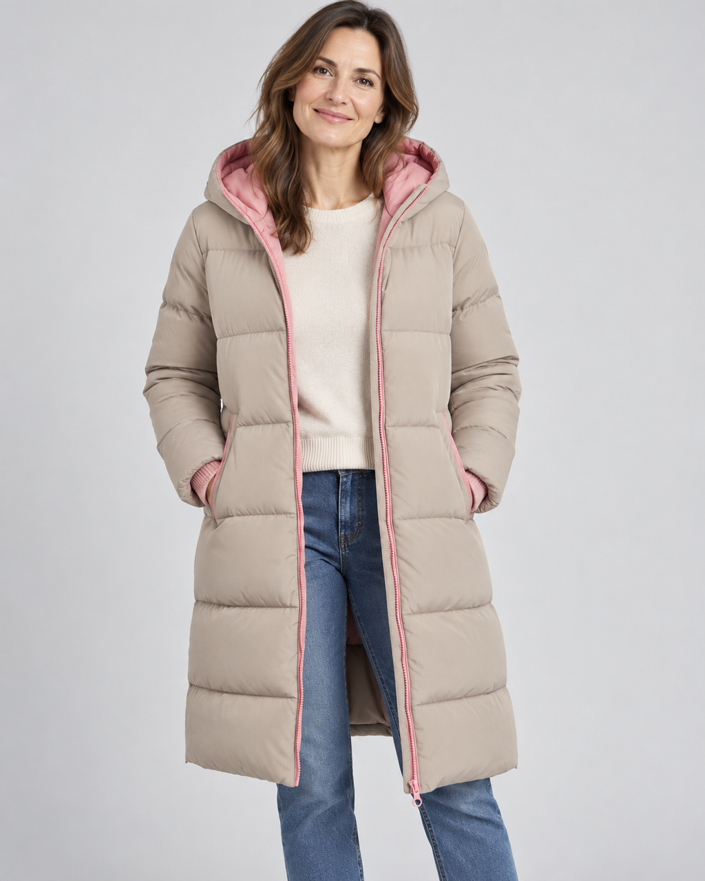 Langer Steppmantel Zwillingsherz "Cozy" | Taupe