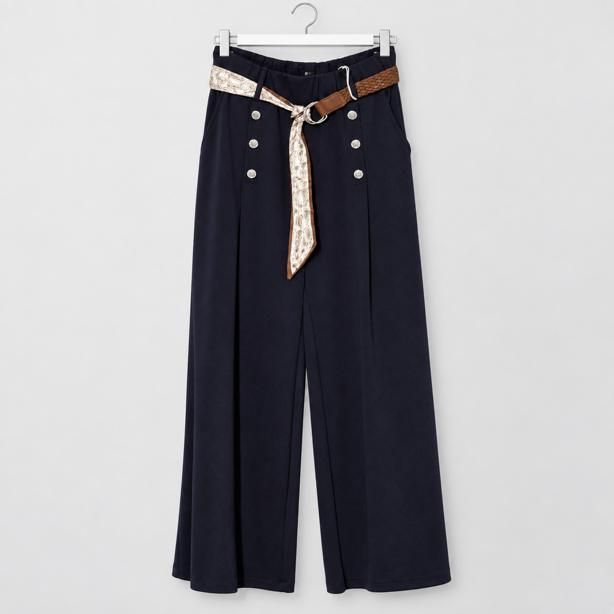 Marlenehose mit Schmuckknöpfen und Gürtel | Gr. 42-46 | Dunkelblau und Braun