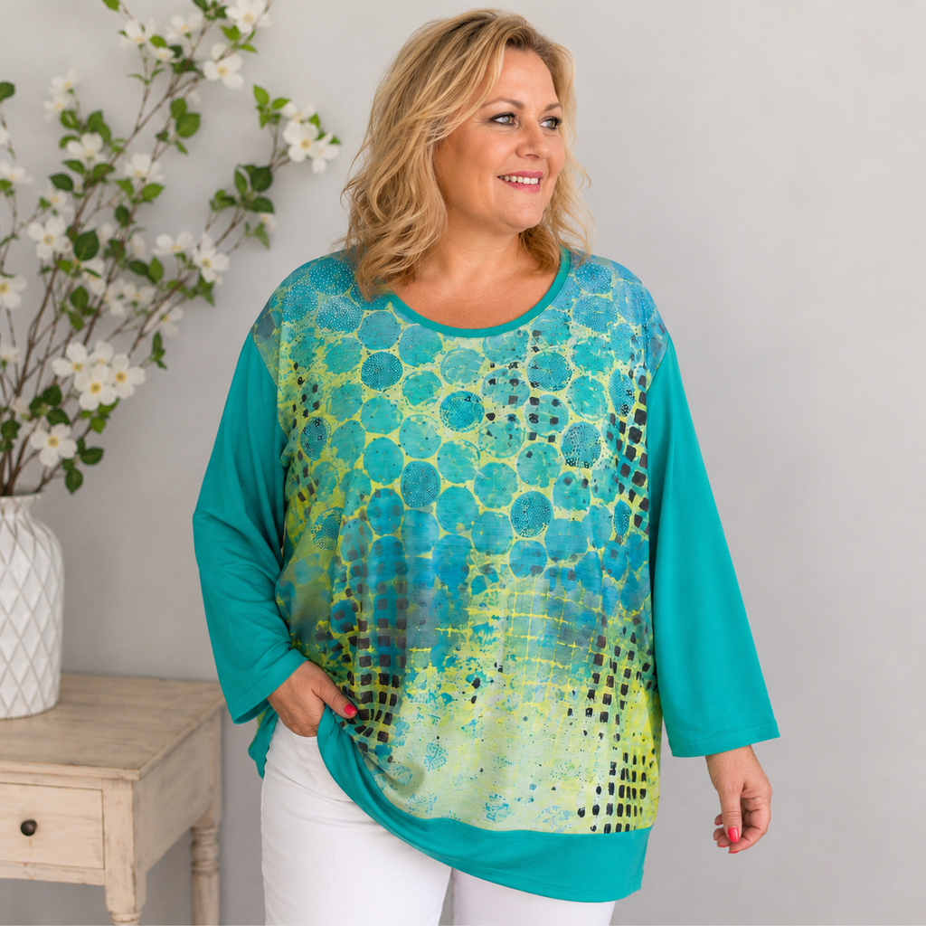 Damen-Shirt in Lagunengrün mit modernem Print und Glitzerdetails