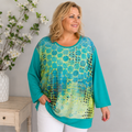 Damen-Shirt in Lagunengrün mit modernem Print und Glitzerdetails