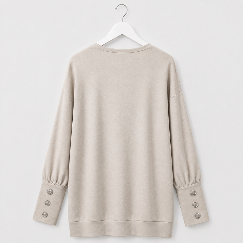 Curvy Longshirt  | Taupe mit Strassprint und Schmuckmanschetten | Gr. 44-50