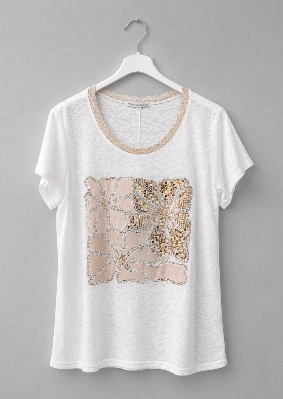 Glitzer-Shirt mit floralem Design | Gr. 42-44 | Made in Italy