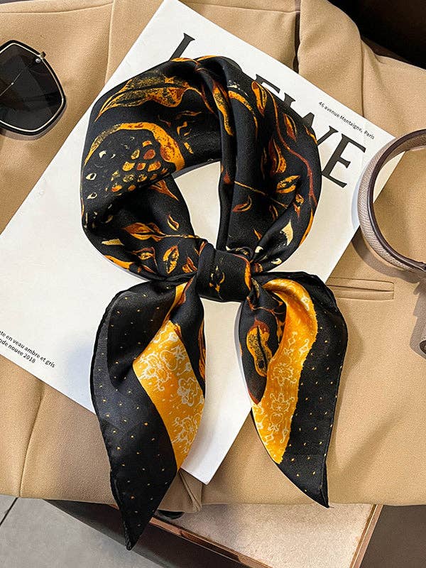 Elegantes quadratisches Halstuch im Vintage-Stil | Seidenfeeling | Blumendruck Schwarz-Gold | 70x70 cm