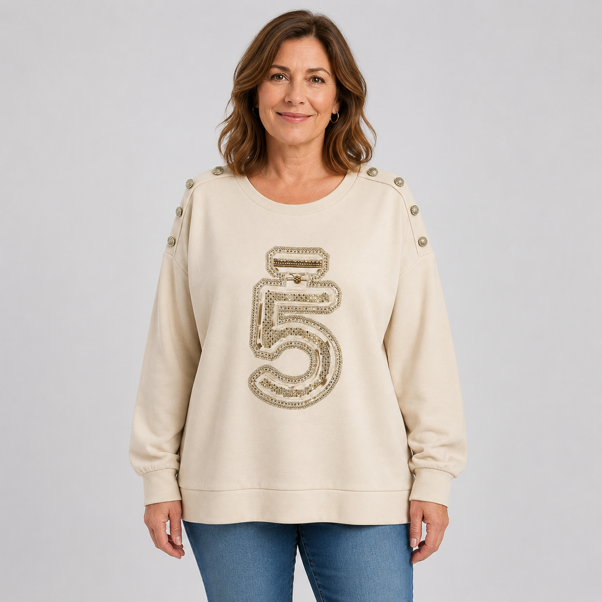 Damen-Sweatshirt mit Strass-Applikation und Schulterknöpfen | Gr. 40-46 | mehrere Farben