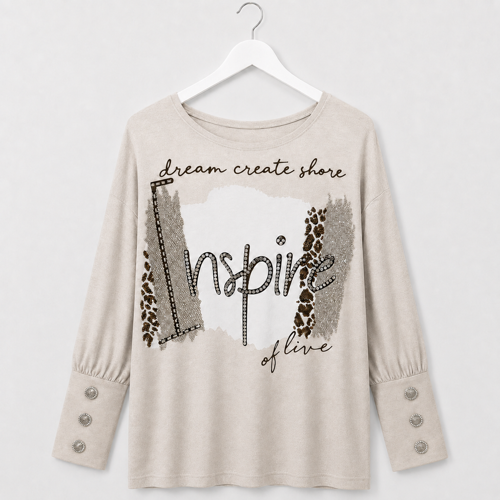 Curvy Longshirt  | Taupe mit Strassprint und Schmuckmanschetten | Gr. 44-50