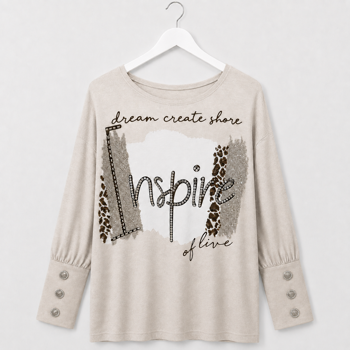 Curvy Longshirt  | Taupe mit Strassprint und Schmuckmanschetten | Gr. 44-50