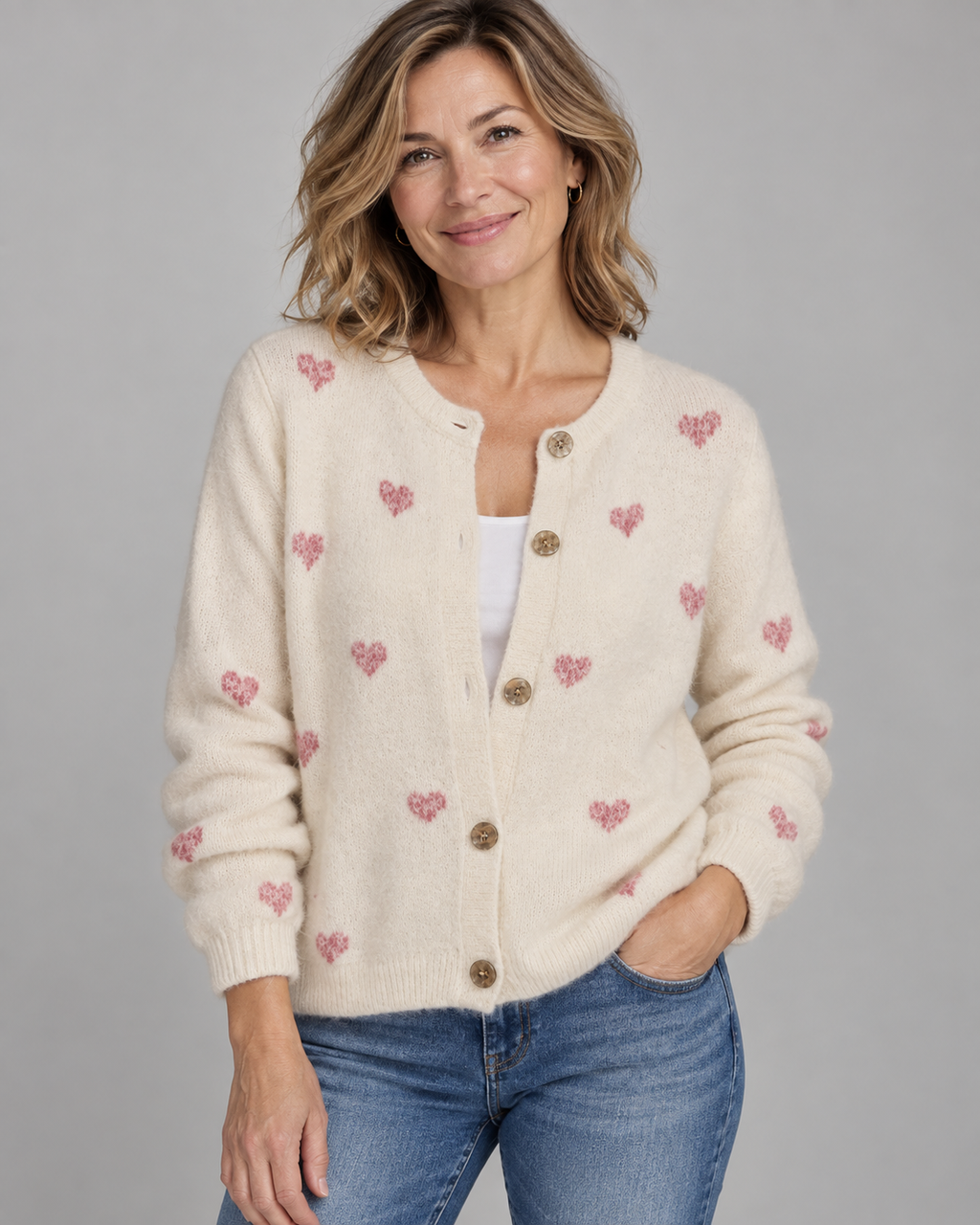 Strickjacke mit Herzmuster und Knöpfen | Gr. 38-44 | verschiedene Farben