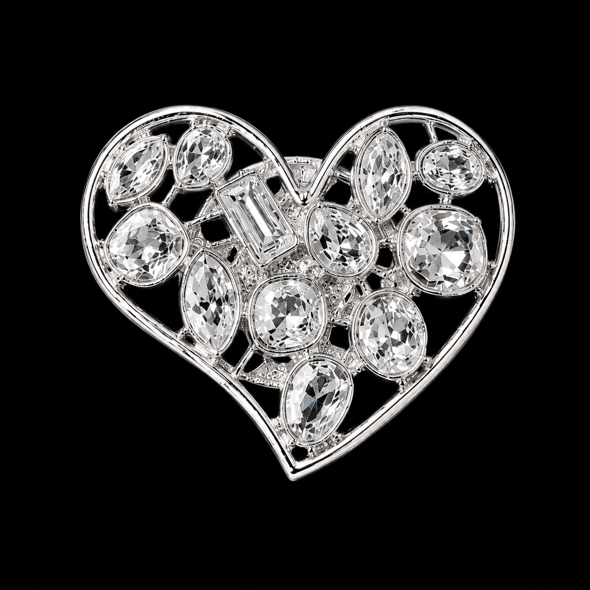Herzbrosche/Schalclip in Silber mit weißen Schmucksteinen