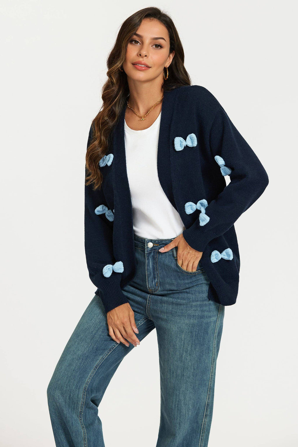 Dunkelblaue Strickjacke mit hellblauer 3D‑Schleife Gr. 38-40