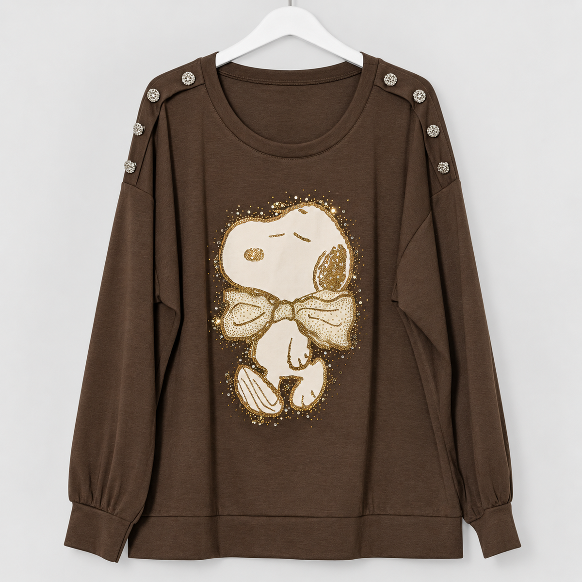 Oversize-Shirt mit Comic-Hund,Strass und Schmuckknöpfen | Gr. 42-46 | Braun