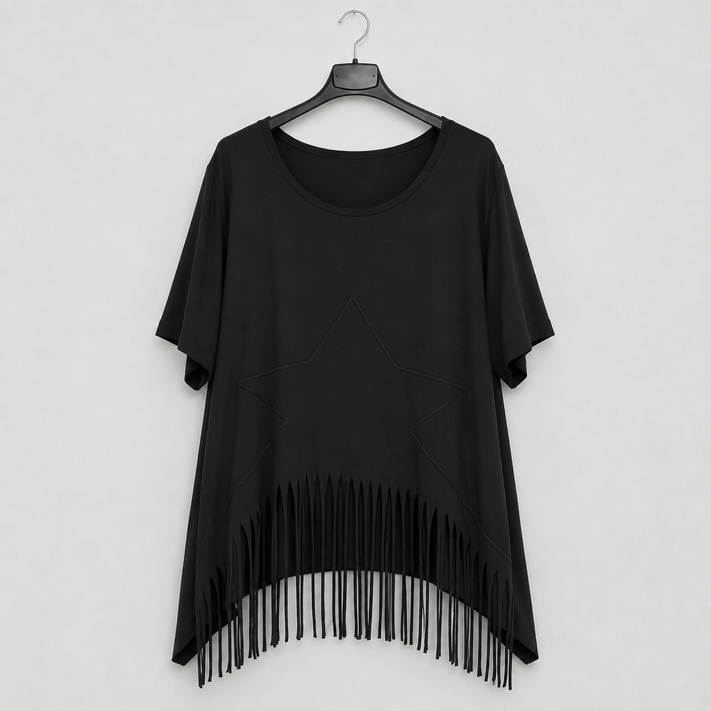 Schwarzes Shirt mit Stern-Applikation und Fransen Gr. 40-50