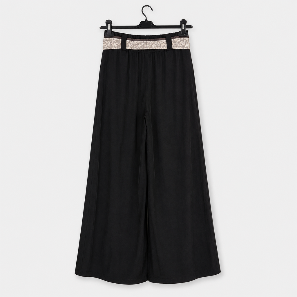 Marlenehose mit gemustertem Bindegürtel -Schwarz-Gr. 40-46