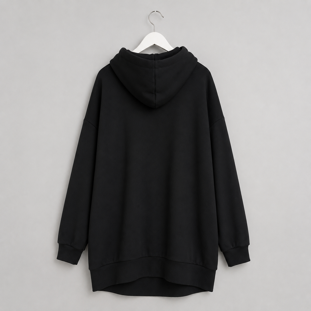 Oversize-Damenhoodie mit Metallic-Print | Curvy | Gr. 44-50 | Rückseite länger -Schwarz