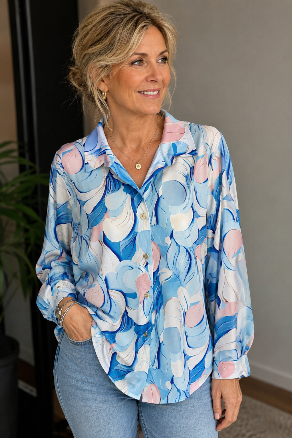 Bluse in zarten Blau- und Rosetönen | leicht Strech. |Gr. 38-44