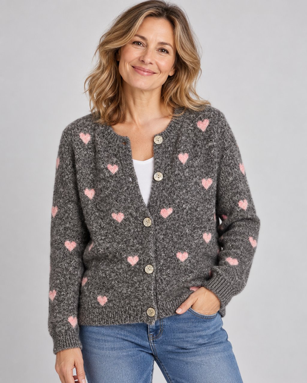 Strickjacke mit Herzmuster und Knöpfen | Gr. 38-44 | verschiedene Farben