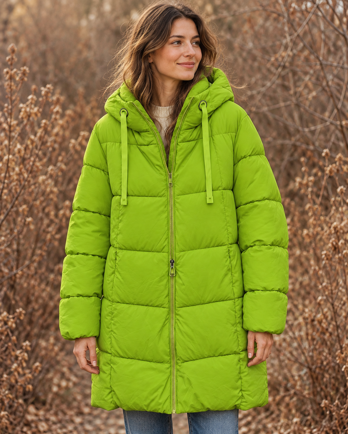 Limettengrüne Steppjacke, knielang mit Kapuze