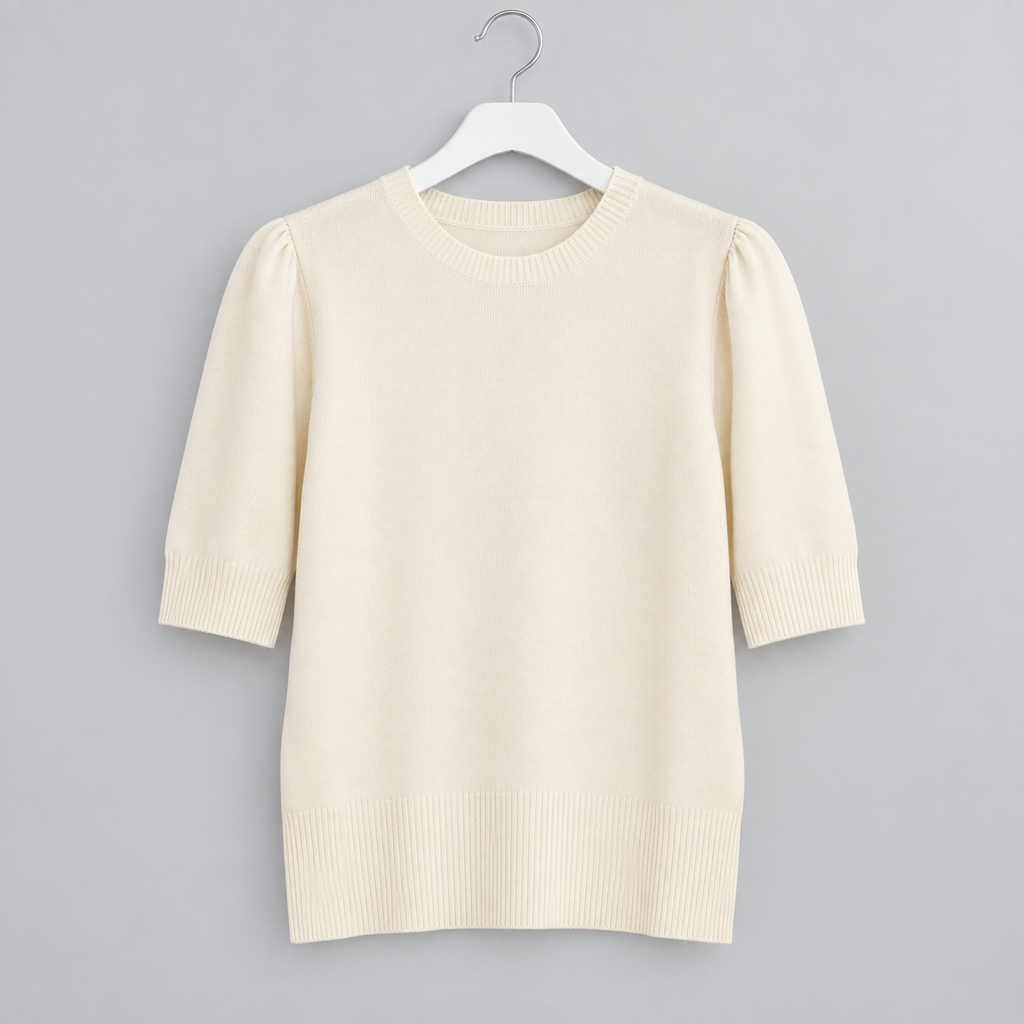 Kurzer Feinstrickpullover mit femininen Puffärmeln in Creme und Beige | Gr. 36-40