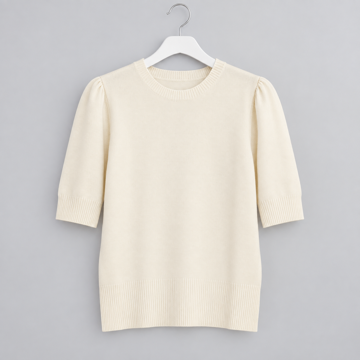 Kurzer Feinstrickpullover mit femininen Puffärmeln in Creme und Beige | Gr. 36-40