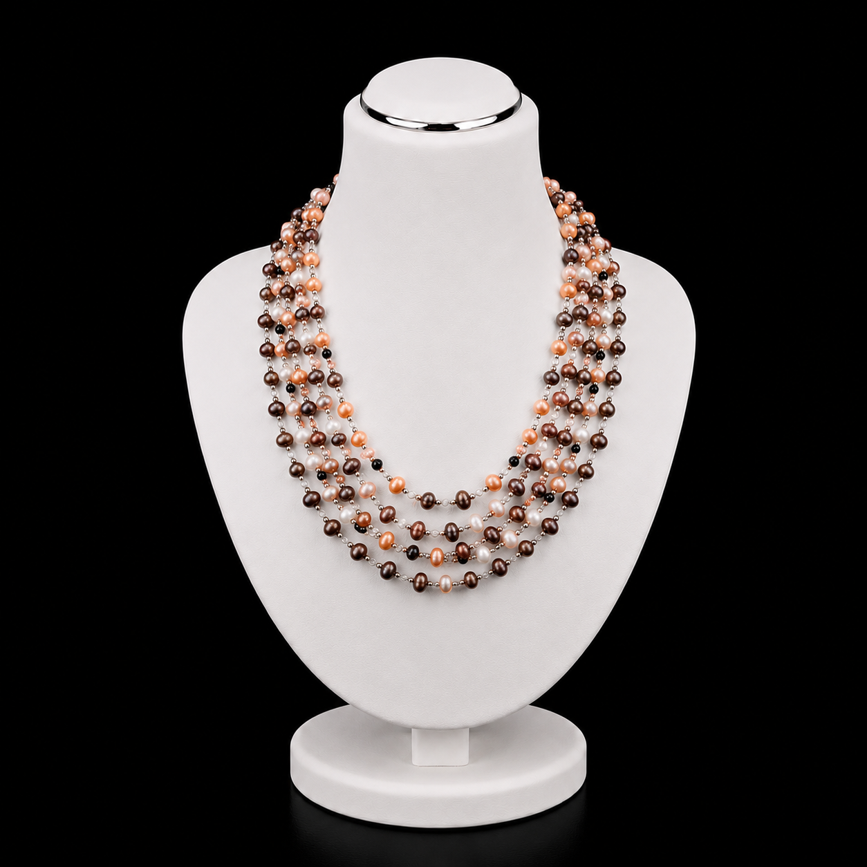Mehrreihige Perlenkette in Grau, Orange, Weiß & Silber - Elegante Statement-Halskette
