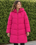 Pinkfarbene Steppjacke, knielang mit Kapuze