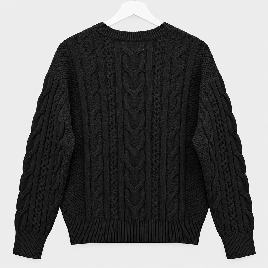 Schwarzer Pullover mit Rundhalsausschnitt und Zopfmuster Gr. 40-42