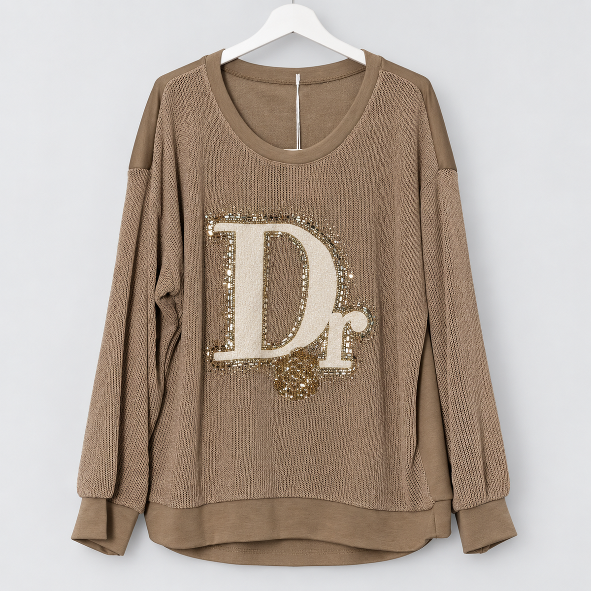 Oversize-Shirt mit Netzstruktur und Glitzer-Applikation | Gr. 40–44 | Schwarz und Taupe