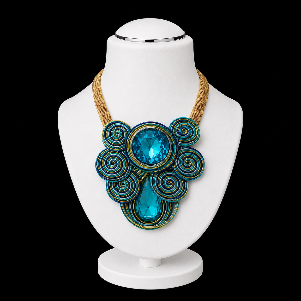 Blaue, mit Draht umwickelte, tropfenförmige Kristall-Bib-Halskette: Color: Blue / Plating: Gold / Size: 18 + 3 inches