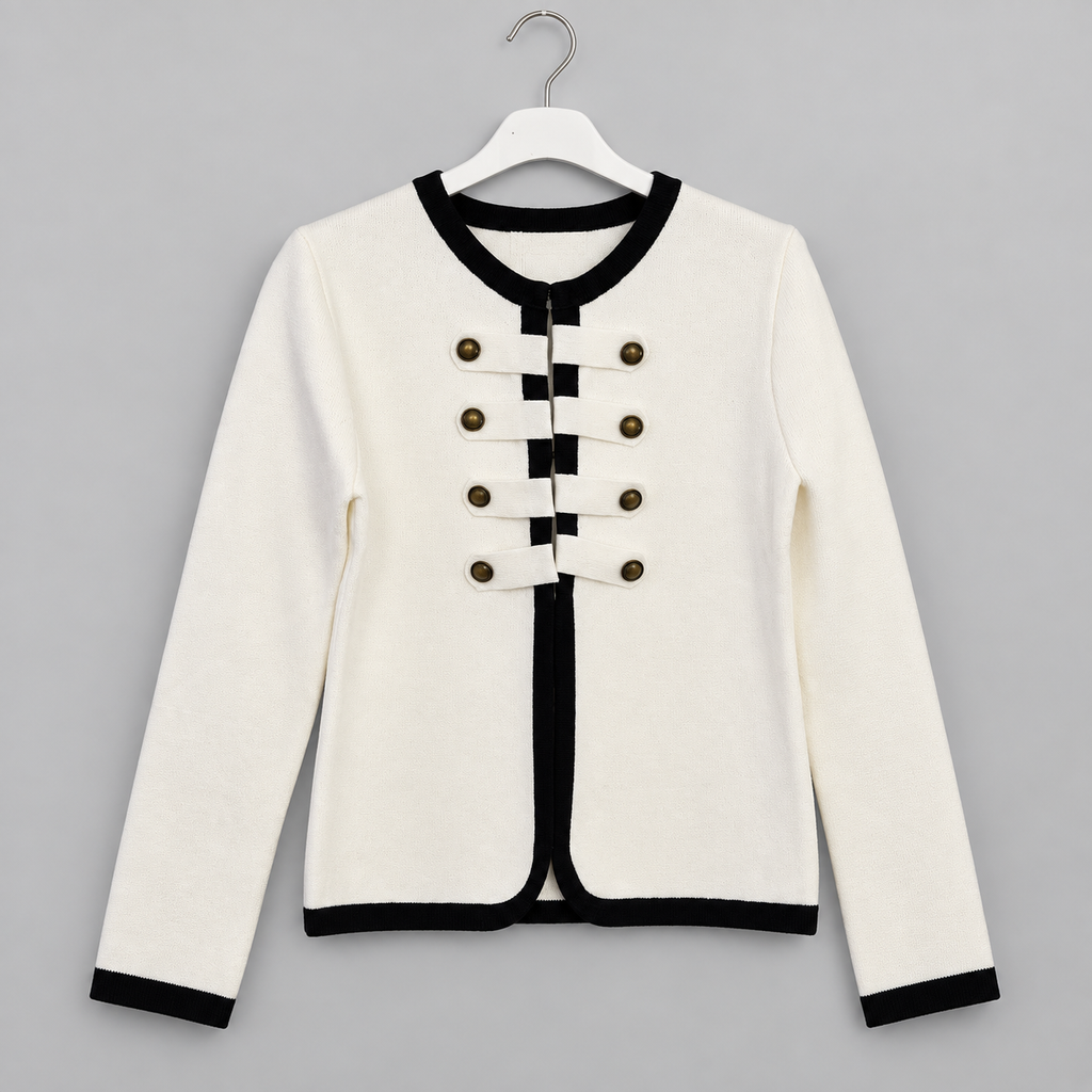 Elegante Strickjacke mit Kontrastdetails und Hakenverschluss | Gr. 38