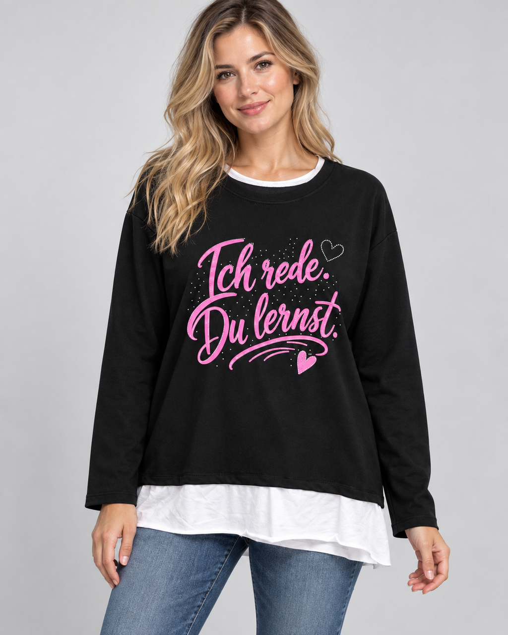 2-in-1-Langarmshirt "Ich rede.Du lernst." mit Strass | Gr. 42-46