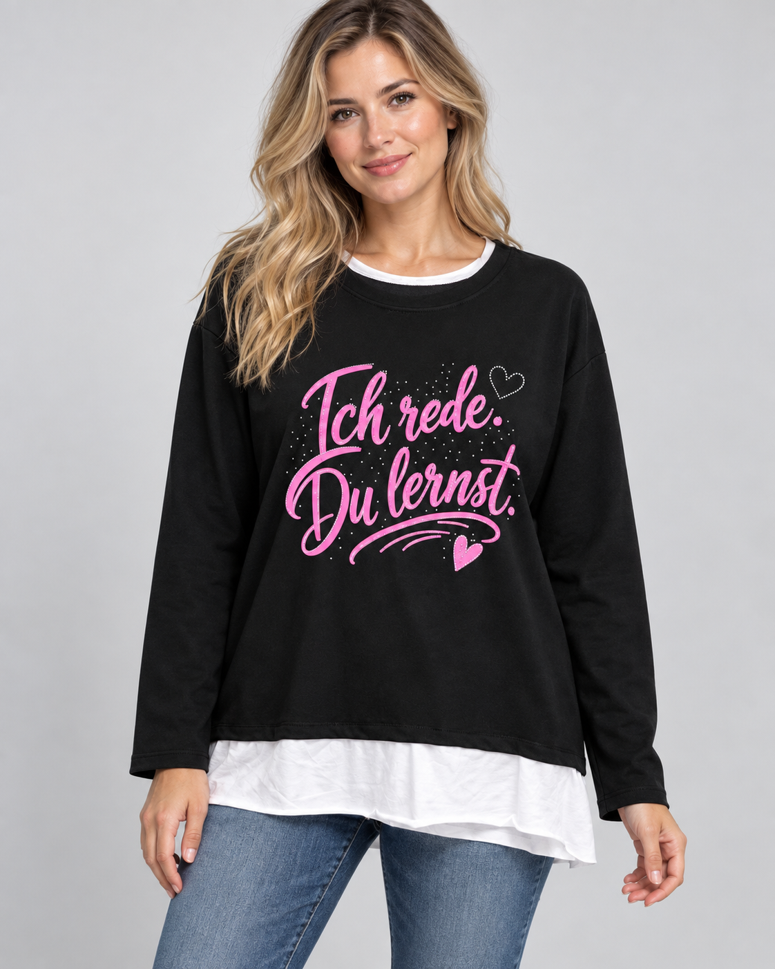 2-in-1-Langarmshirt "Ich rede.Du lernst." mit Strass | Gr. 42-46
