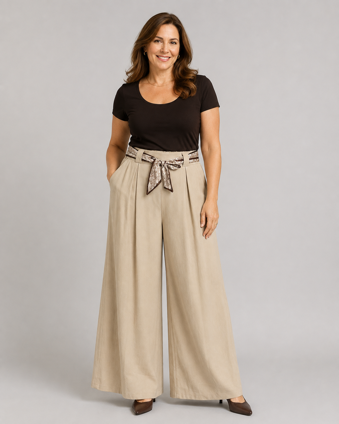 Marlenehose mit gemustertem Bindegürtel-Beige-Gr. 40-46