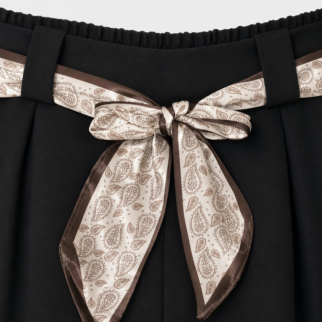 Marlenehose mit gemustertem Bindegürtel -Schwarz-Gr. 40-46