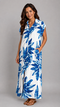 V Milano Italy Blusenkleid mit Taschen und Bindegürtel | Blau-Weißes Tropical-Design | Größe L