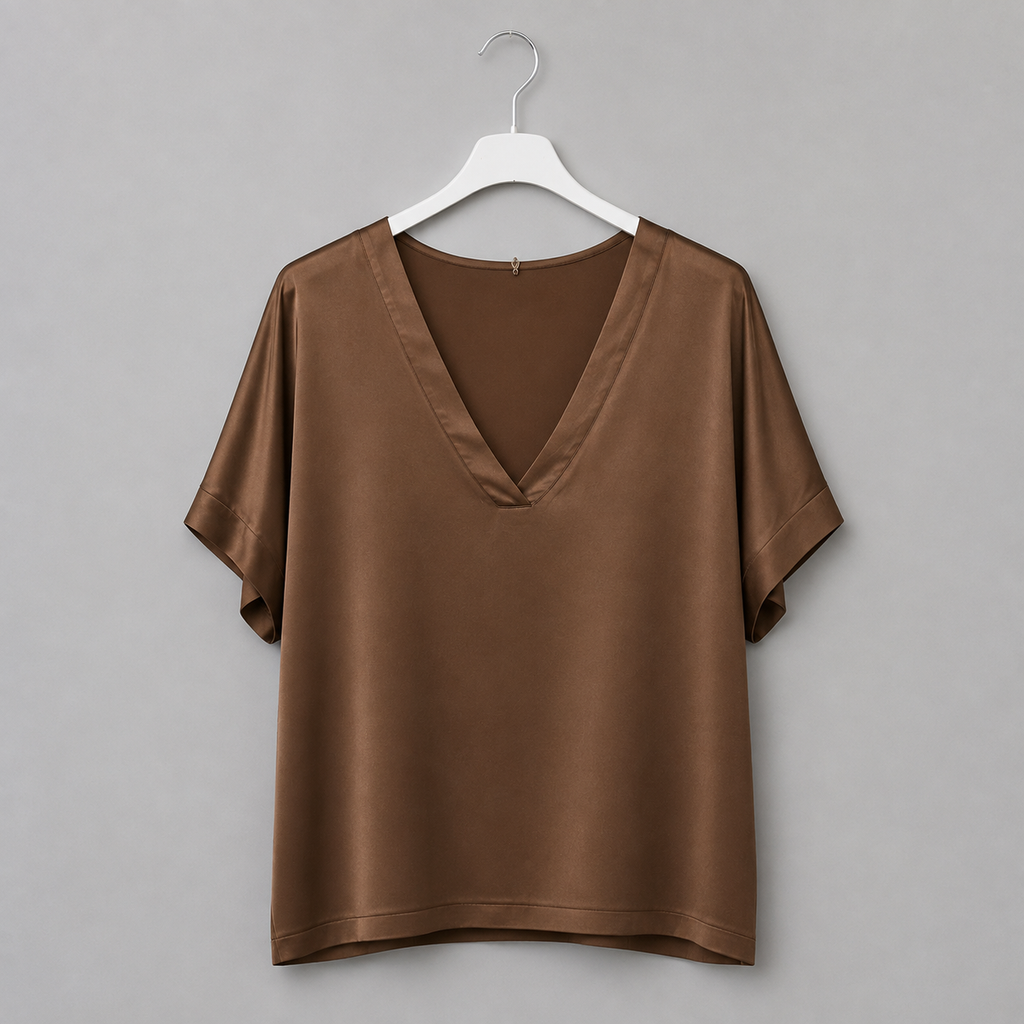 Moccafarbenes Satin-Shirt mit V-Ausschnitt Gr. 38-44