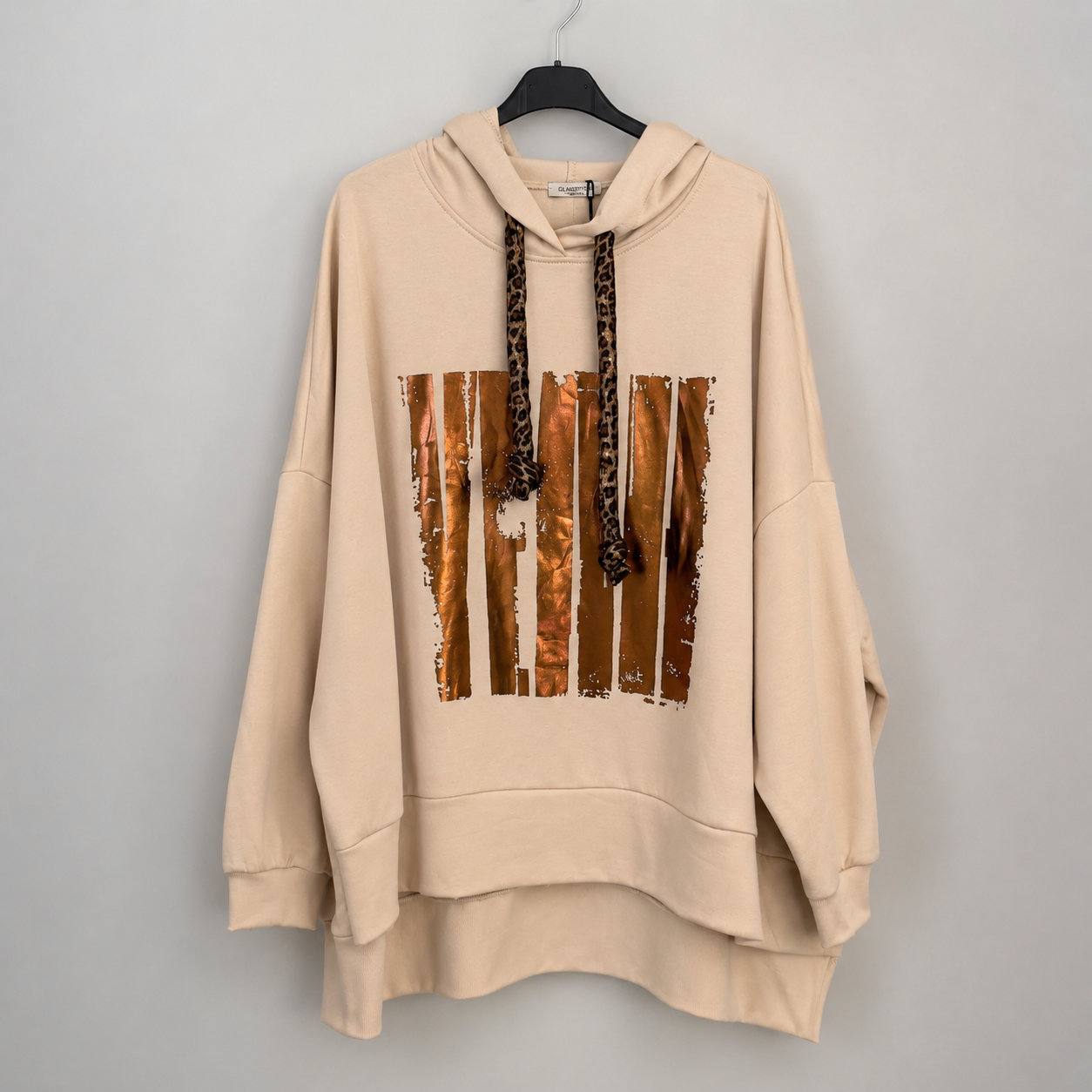 Oversize-Damenhoodie mit Metallic-Print | Curvy | Gr. 44-50 | Rückseite länger - Beige